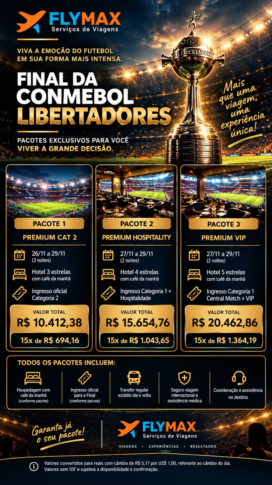 Arte Flymax com pacotes Premium Cat 2, Premium Hospitality e Premium VIP, valores, datas e serviços incluídos