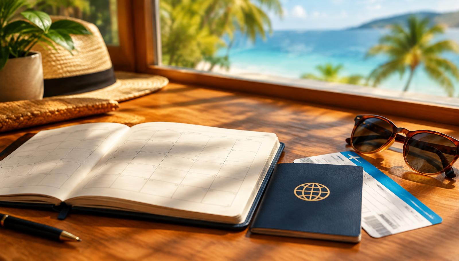 Imagem ilustrativa de agenda, passaporte, cartão de embarque e óculos de sol diante de uma praia