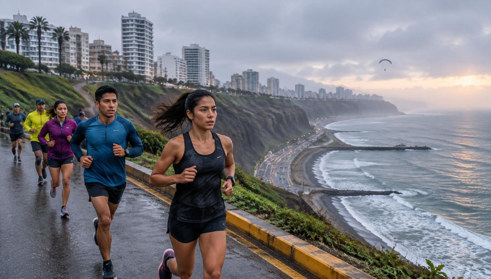 Corredores no malecón de Miraflores em Lima, com as falésias da Costa Verde e o Oceano Pacífico ao fundo