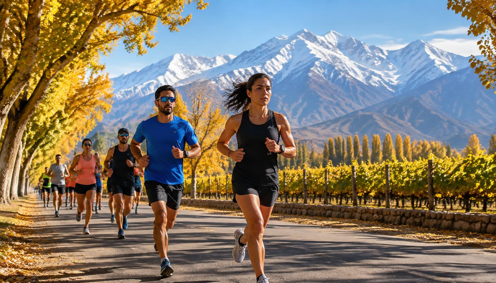 Corredores entre árvores de outono e vinhedos de Mendoza, com a Cordilheira dos Andes ao fundo