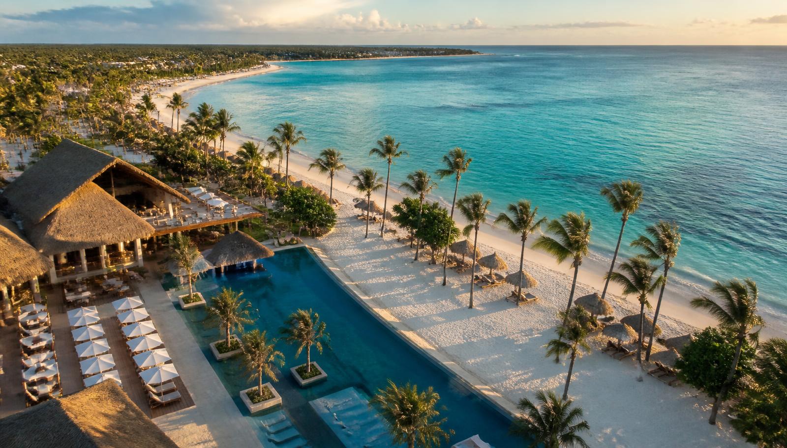Vista aérea de resort all inclusive à beira-mar em Punta Cana, com piscina, coqueiros e mar turquesa